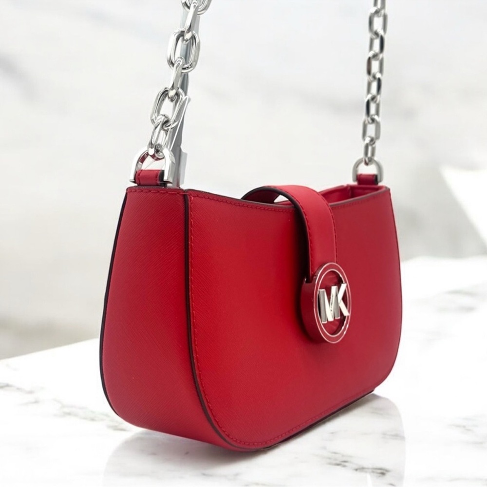 Michael Kors Carmen Small Pouchette Crossbody Bag Red/Silver - Picture 4 of 9